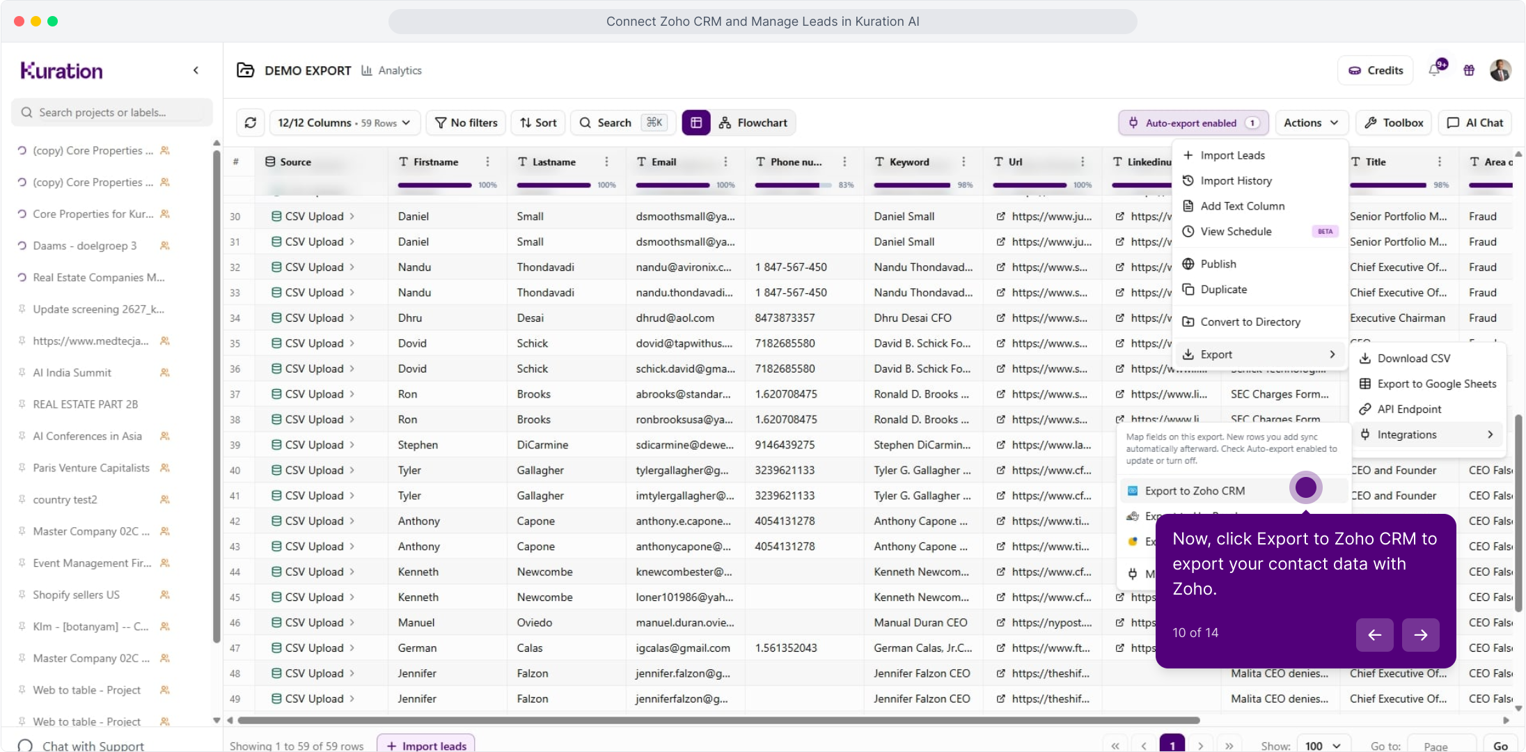 Actions menu with Export to Zoho CRM highlighted