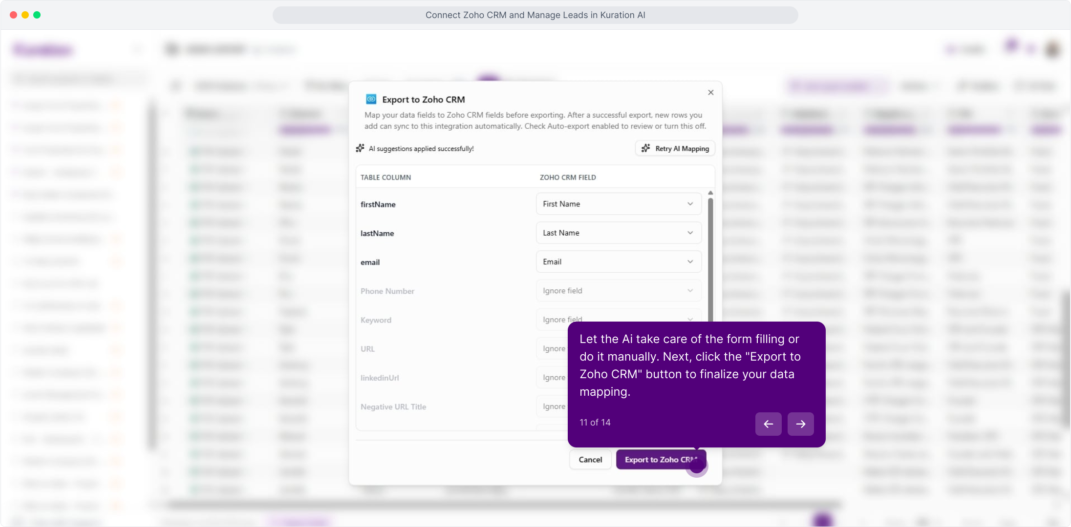 Export to Zoho CRM dialog showing table columns mapped to Zoho fields
