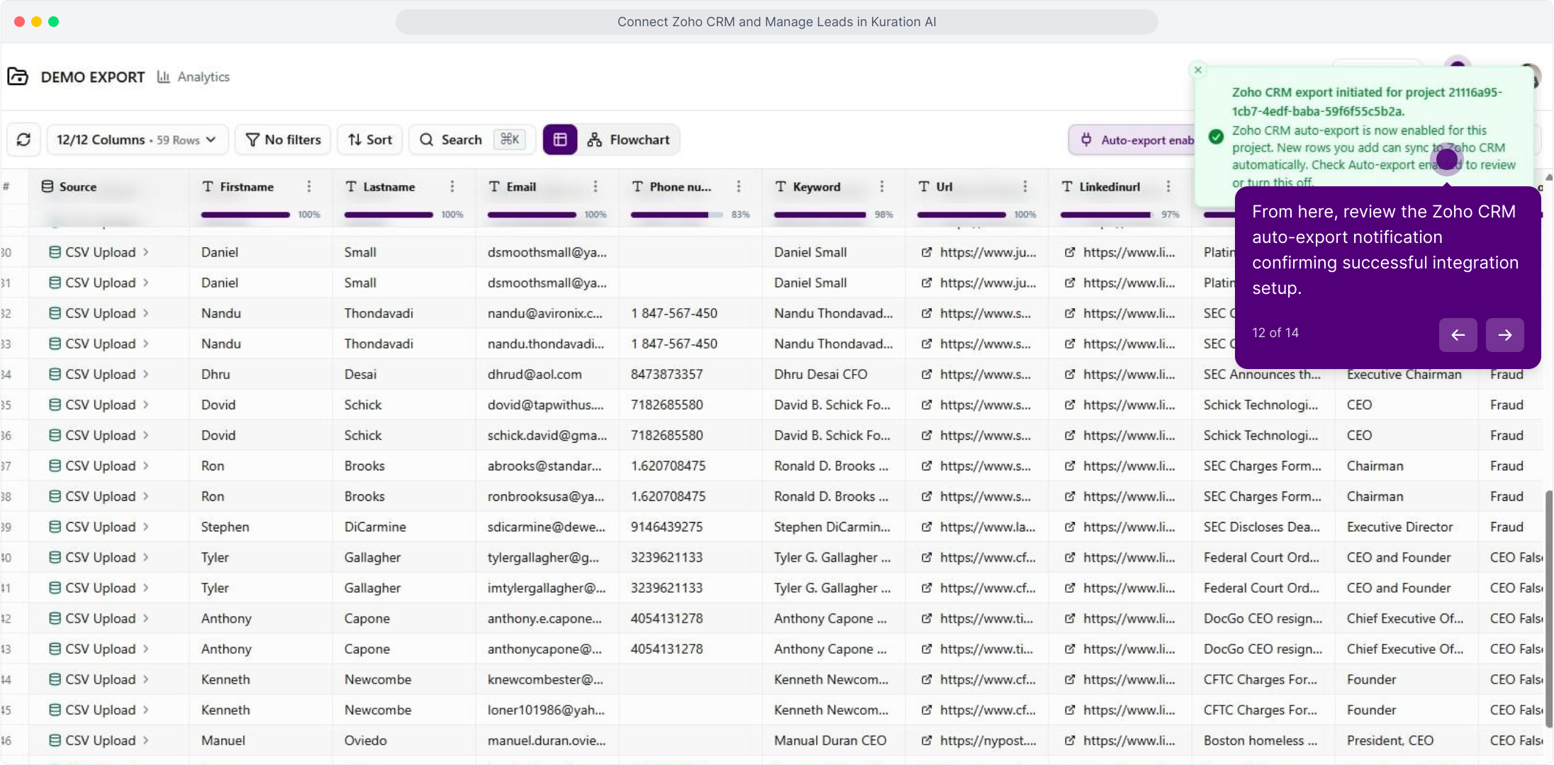 Notification confirming the Zoho CRM export was initiated