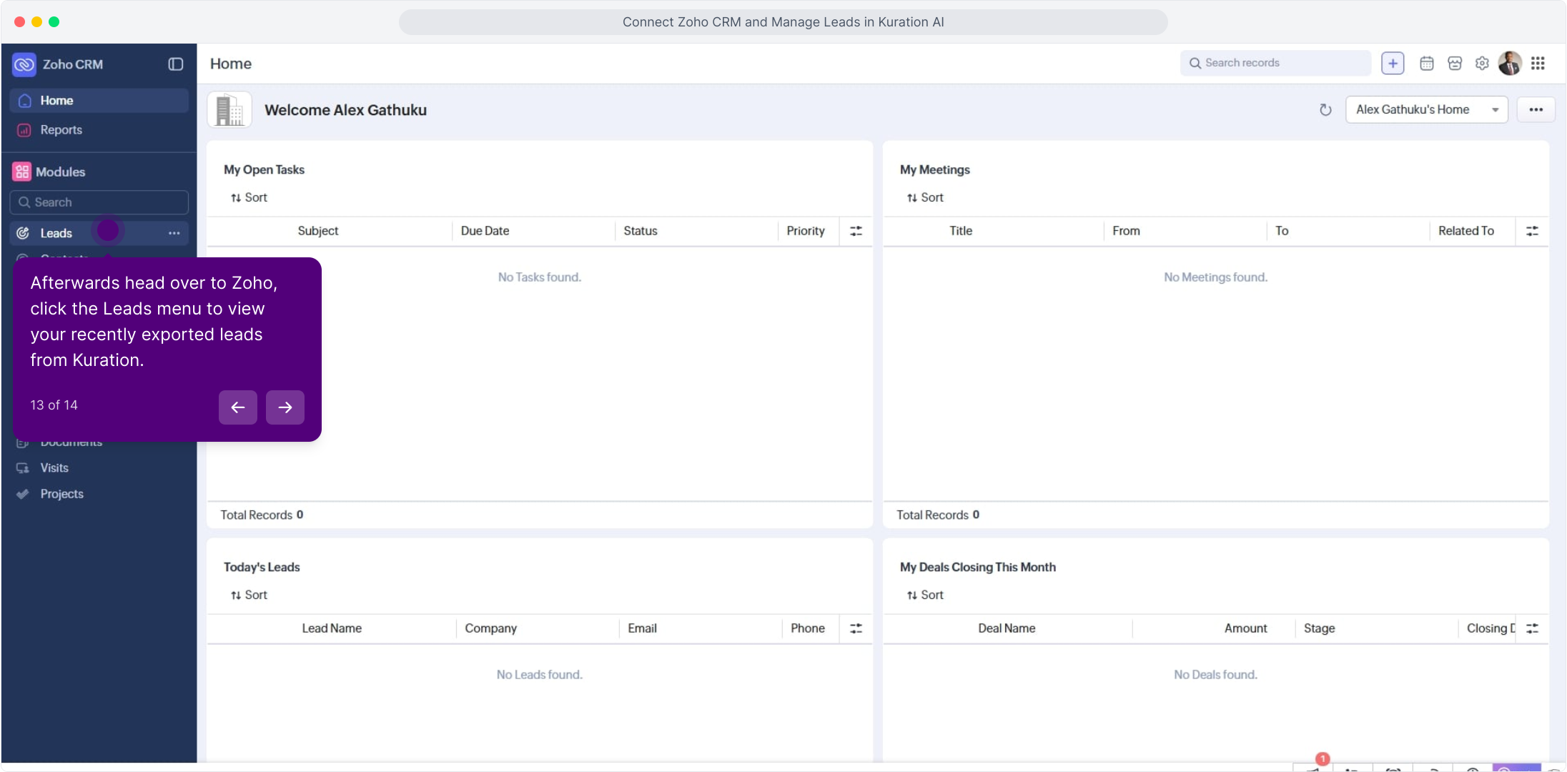 Zoho CRM home with the Leads menu highlighted