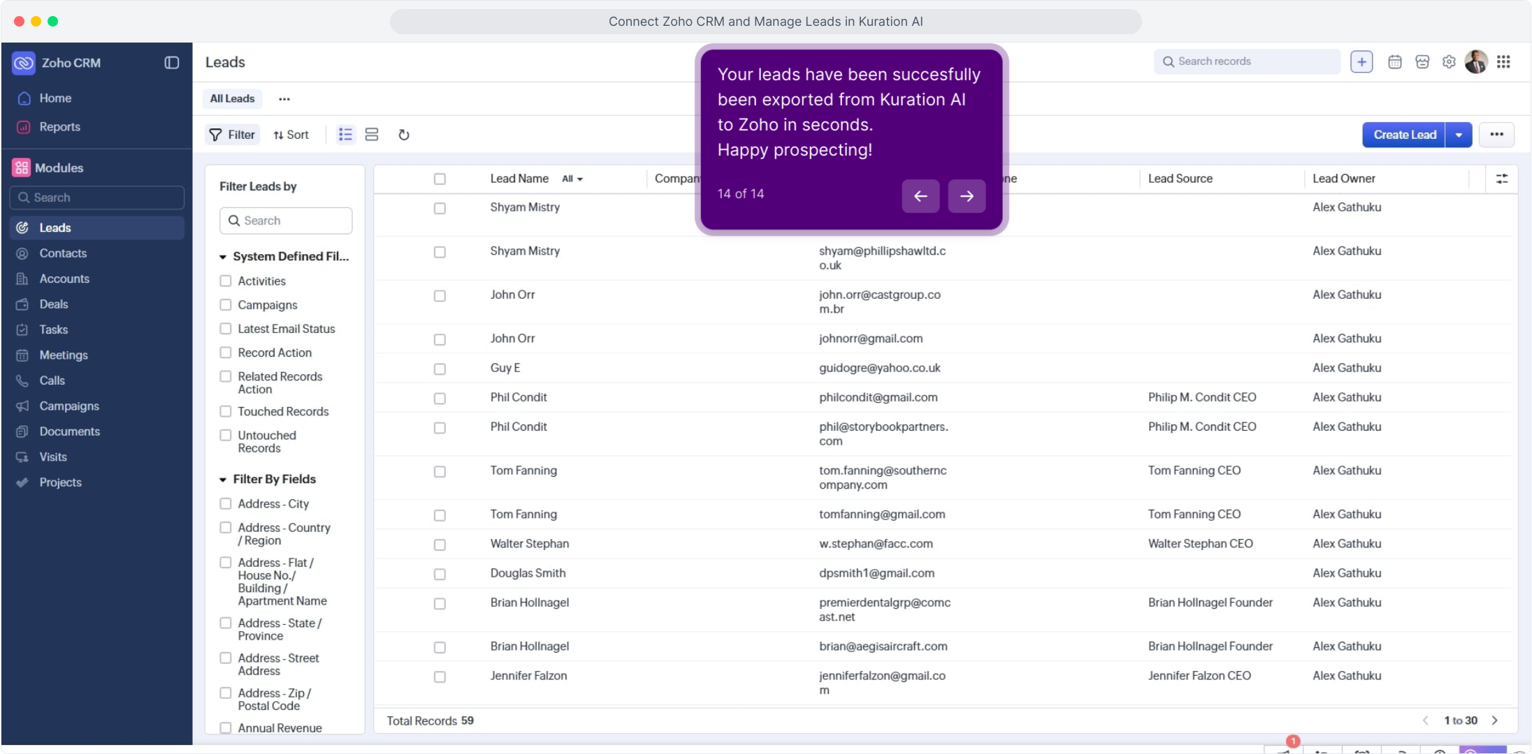 Zoho CRM Leads module listing leads exported from Kuration