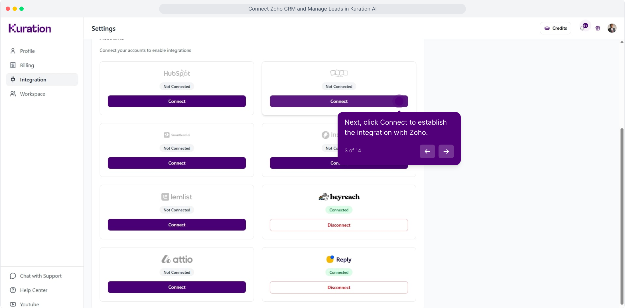 Integration settings with the Zoho Connect button highlighted