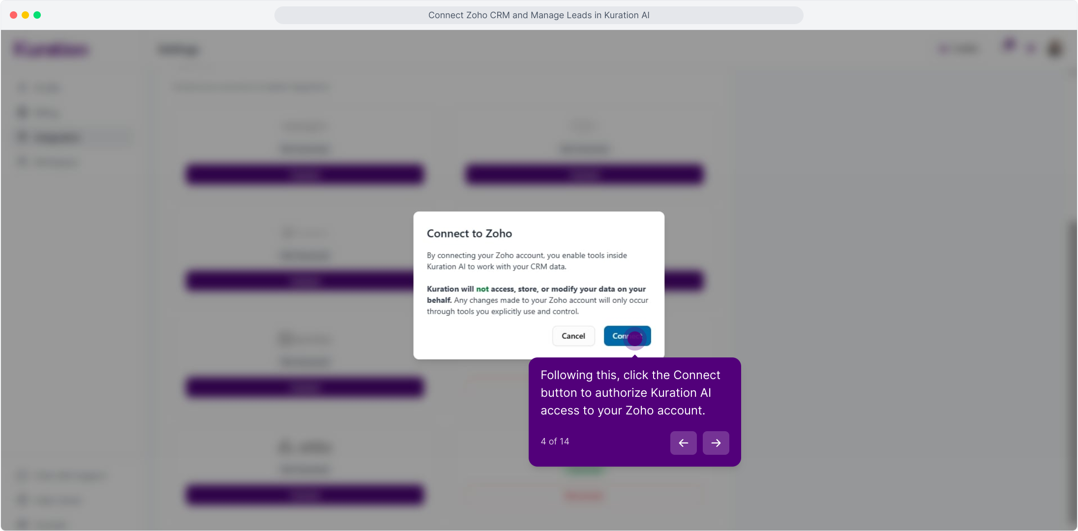 Connect to Zoho dialog with the Connect button highlighted