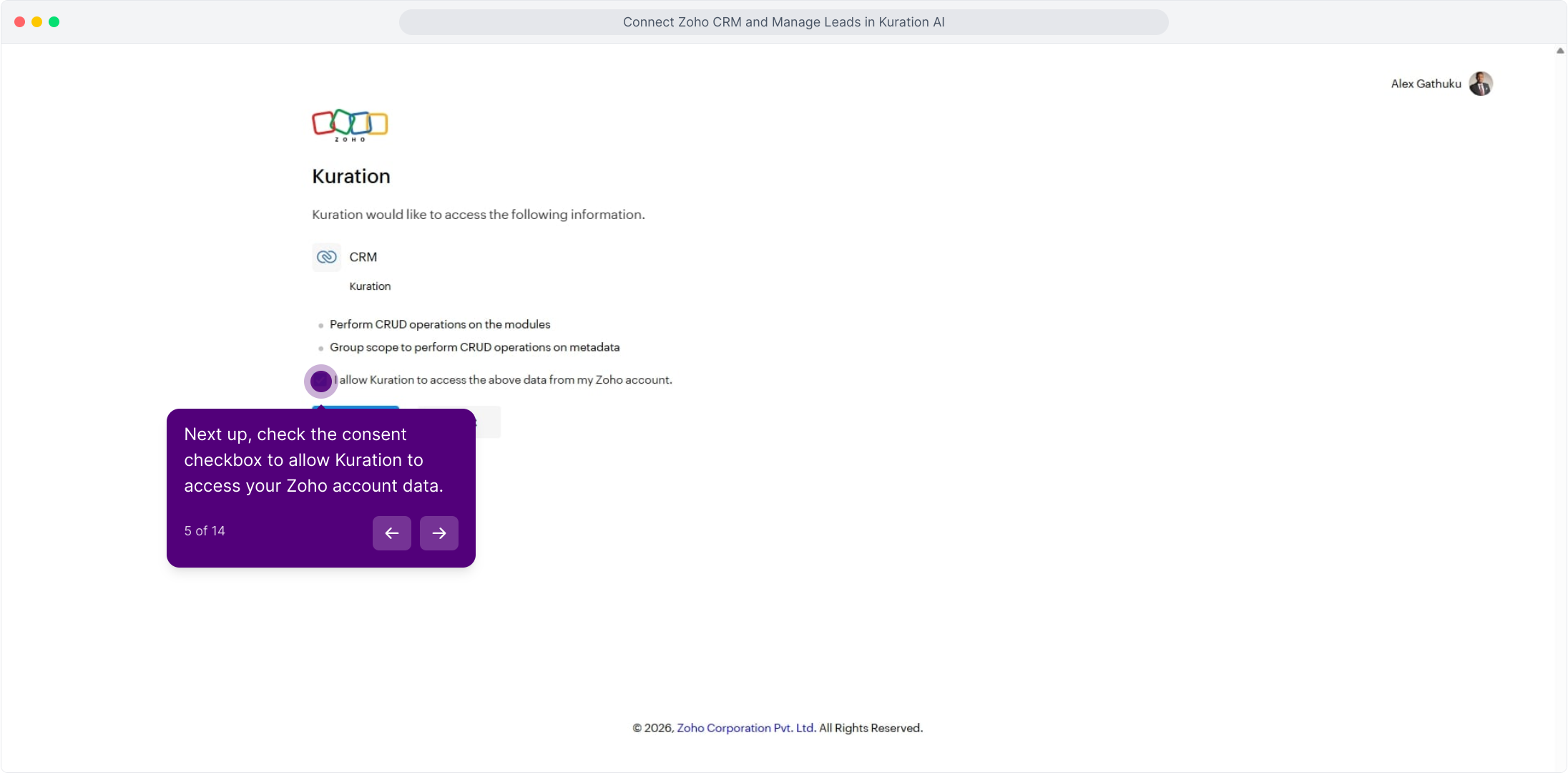 Zoho consent screen with the checkbox highlighted