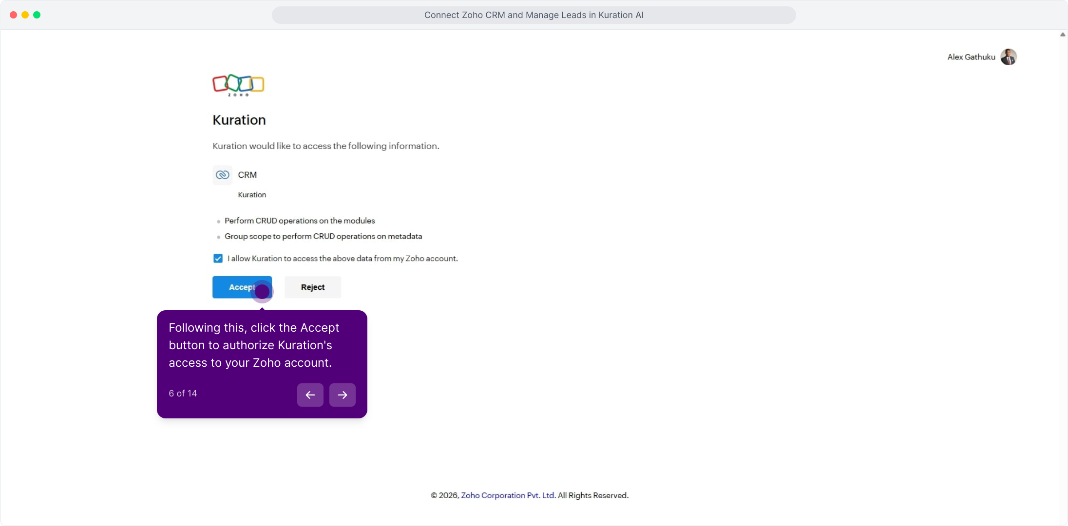 Zoho consent screen with the Accept button highlighted