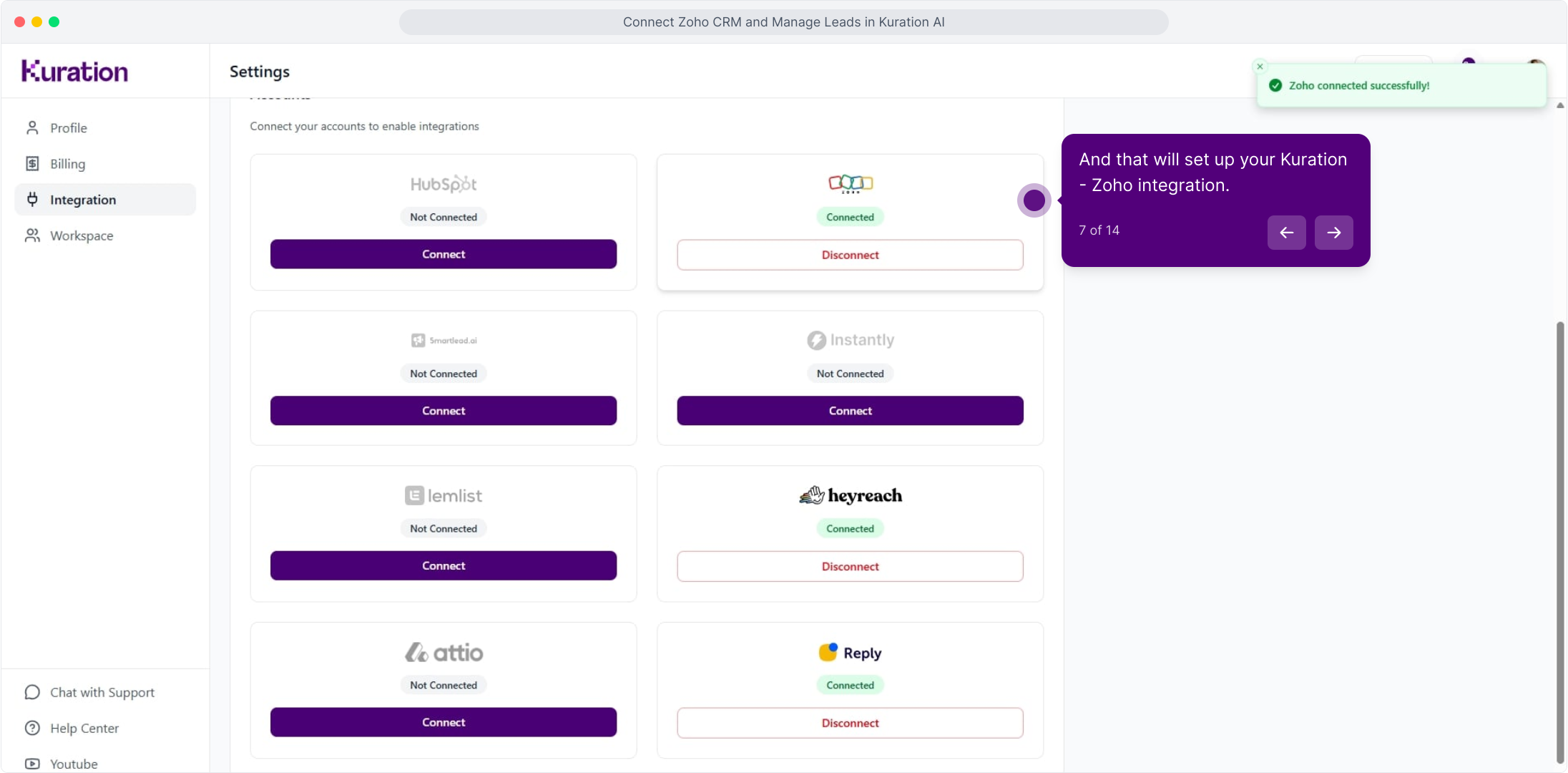 Integration settings showing Zoho as Connected