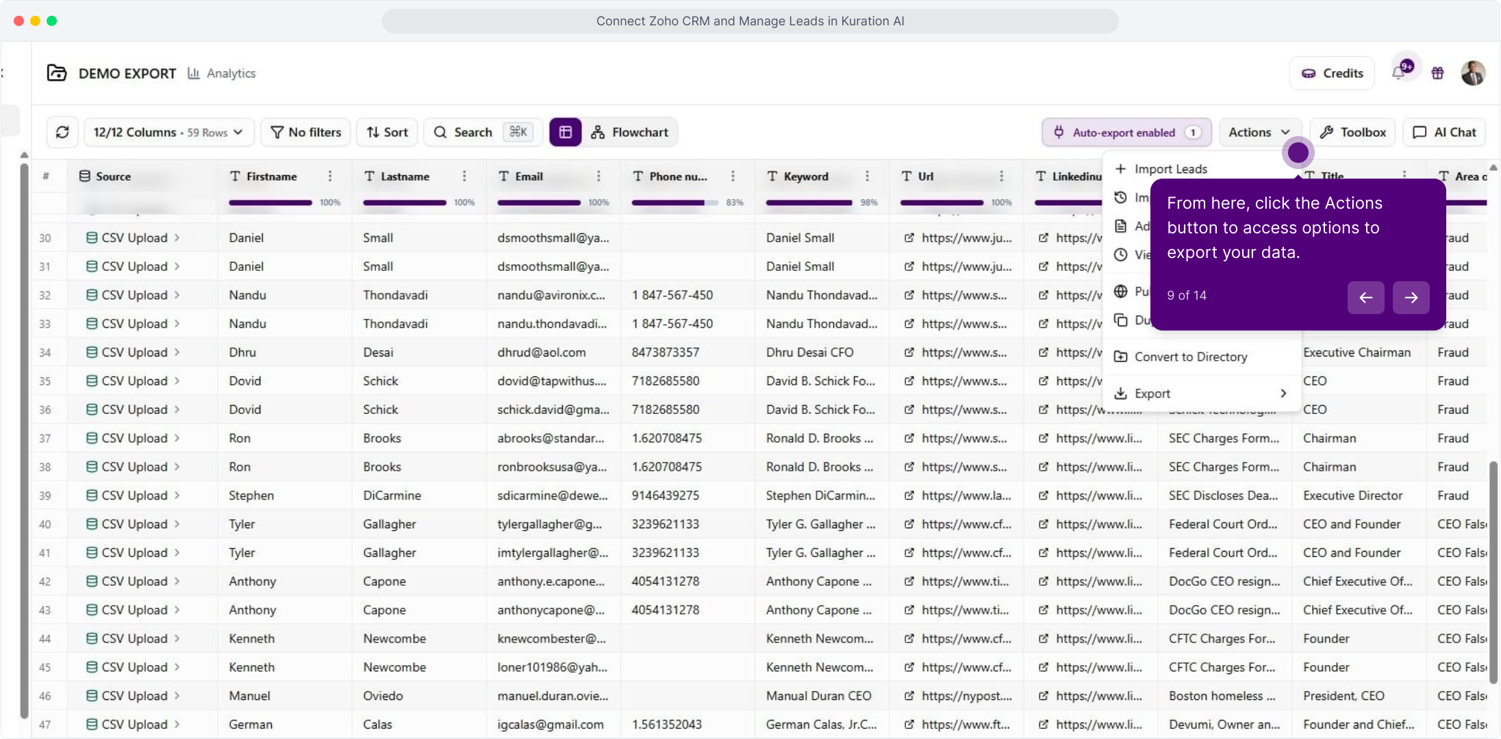 List toolbar with the Actions menu open