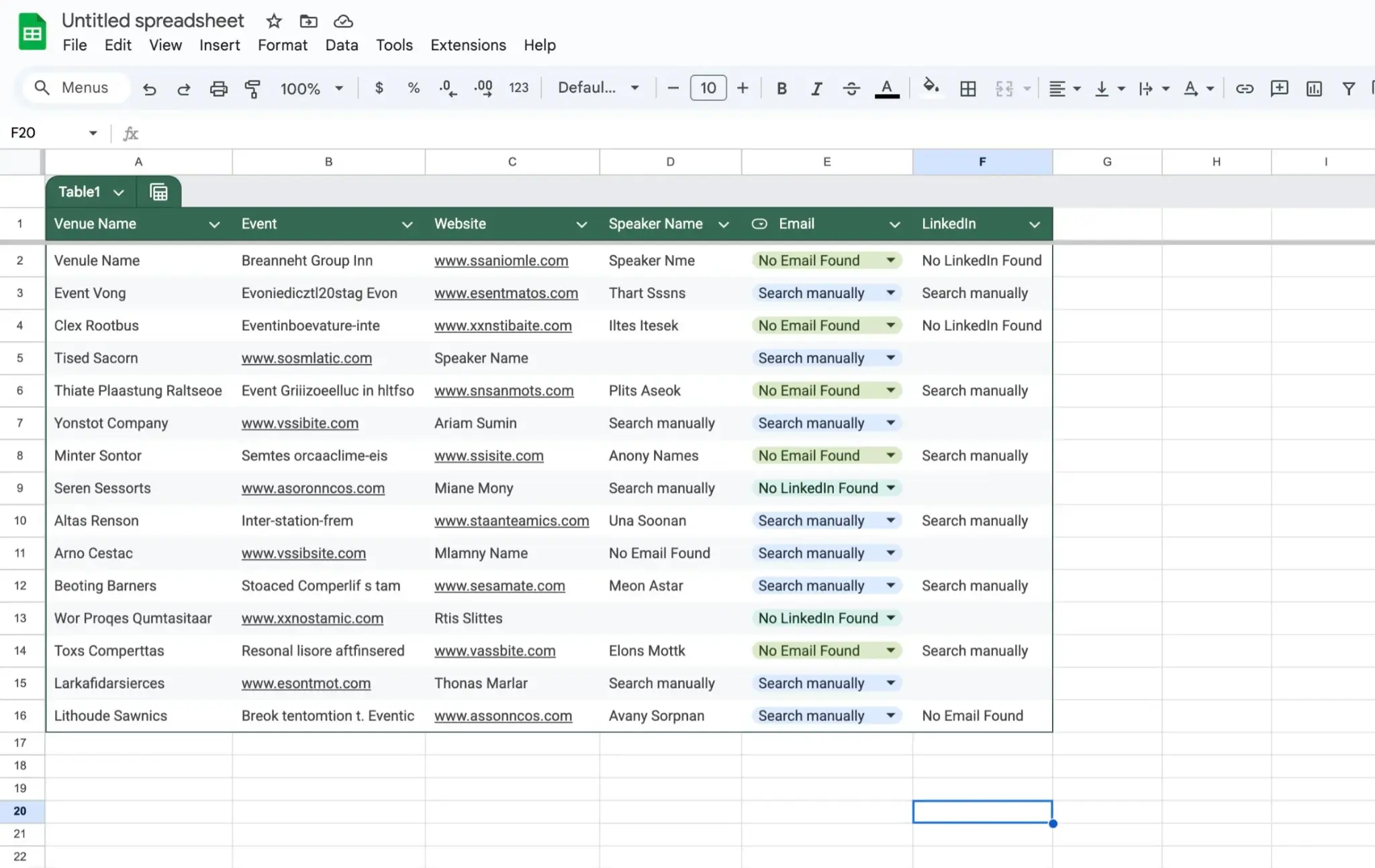 Before Kuration: messy spreadsheets with missing data and manual research