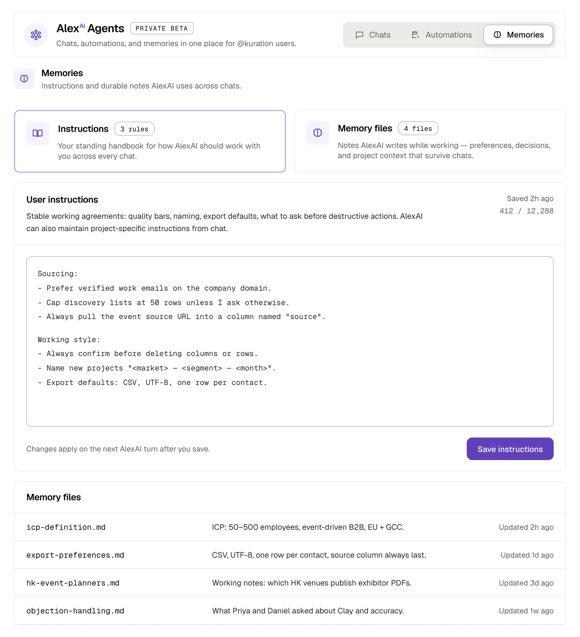 AlexAI Agents memories view: instructions and memory files, with a user instructions editor containing sourcing and working-style rules, and a list of memory files.